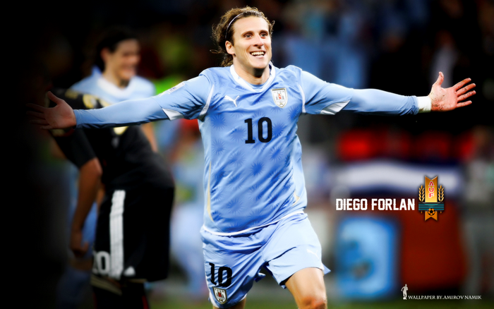 Diego Forlán celebrating for Uruguay national football team