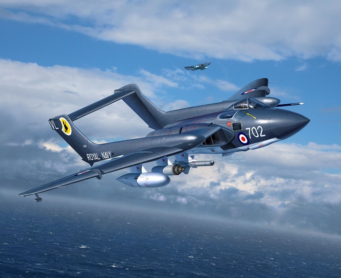 Royal Navy De Havilland Sea Vixen Warplane over Ocean