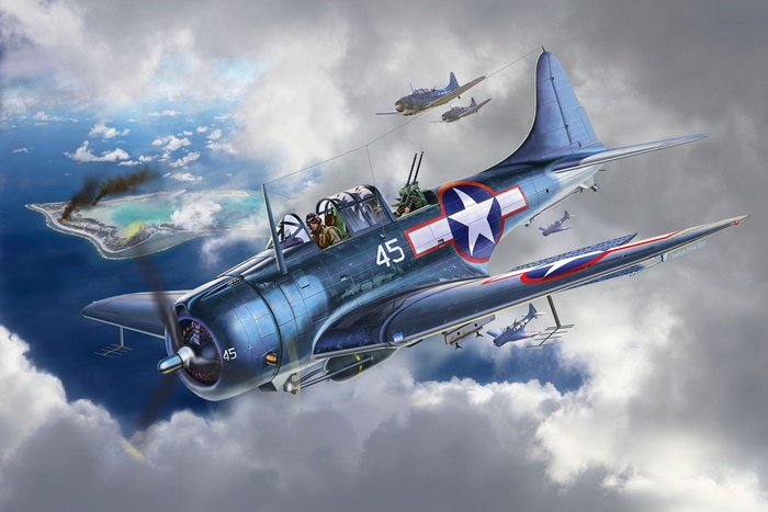 Douglas SBD Dauntless bombers attacking an island