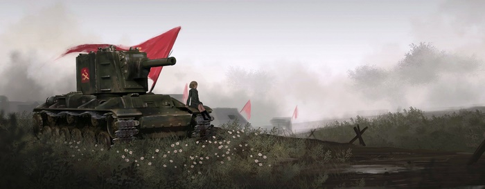 Girls Und Panzer KV-2 Tank with Girl and Soviet Flag