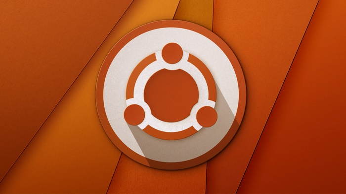 Ubuntu logo on orange layered geometric background