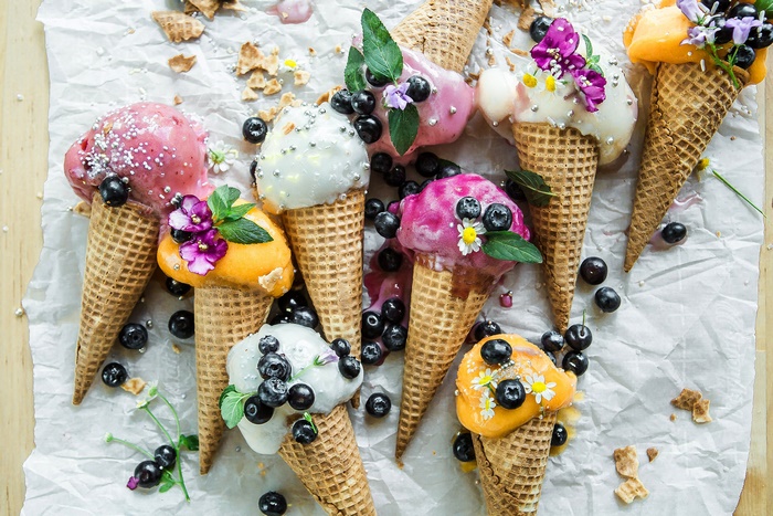 Colorful Ice Cream Waffle Cones with Blueberries and Flowers