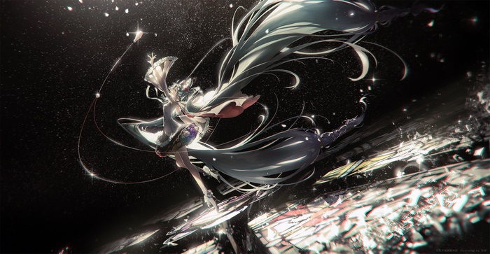 Hatsune Miku dancing among shattered stars