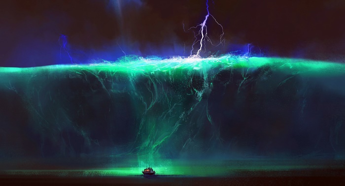 Artistic Boat Faces Giant Bioluminescent Tsunami Wave and Lightning