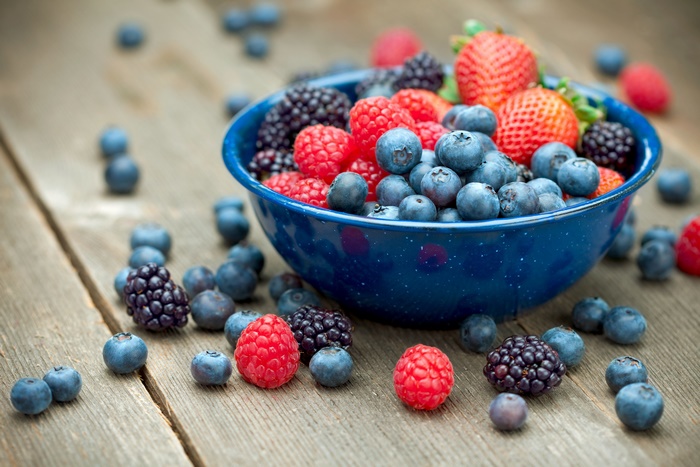 Fresh Mixed Berries in a Blue Bowl