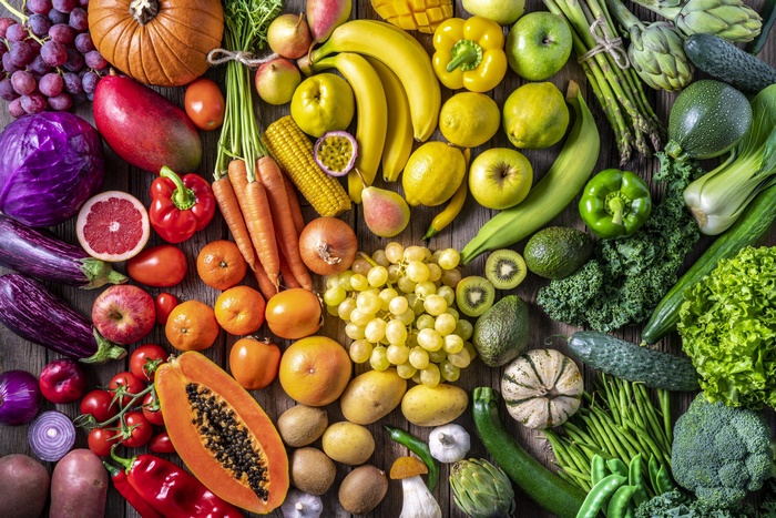 Still Life of a Rainbow of Fruits and Vegetables