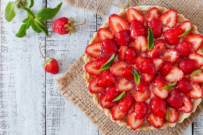 Fresh Strawberry Pie Dessert on Wooden Table