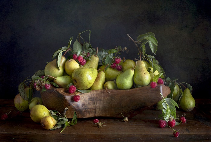 Still Life of Pears and Raspberries in a Wooden Bowl