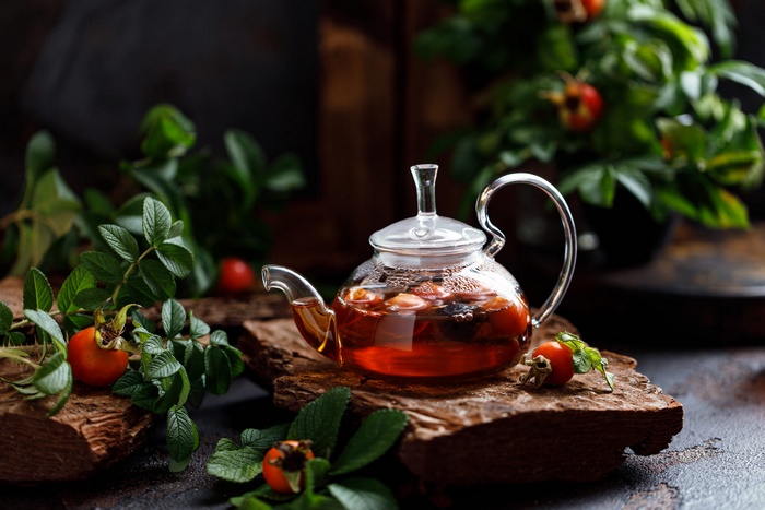 Rosehip Tea in Glass Teapot
