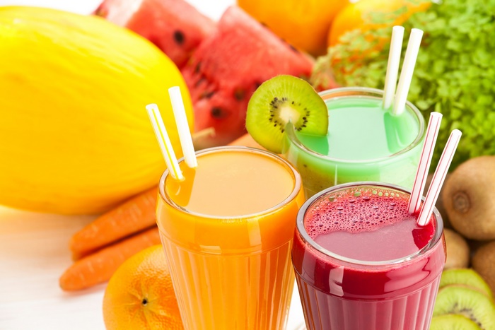 Fresh colorful fruit and vegetable smoothies