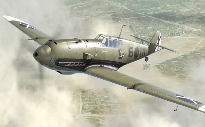 Messerschmitt Bf 109 Warplane Flying Over Landscape