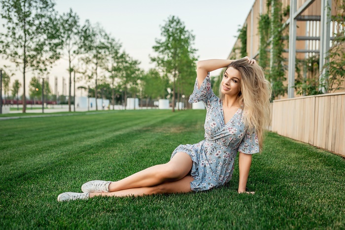 Blonde Woman in Floral Dress Outdoors