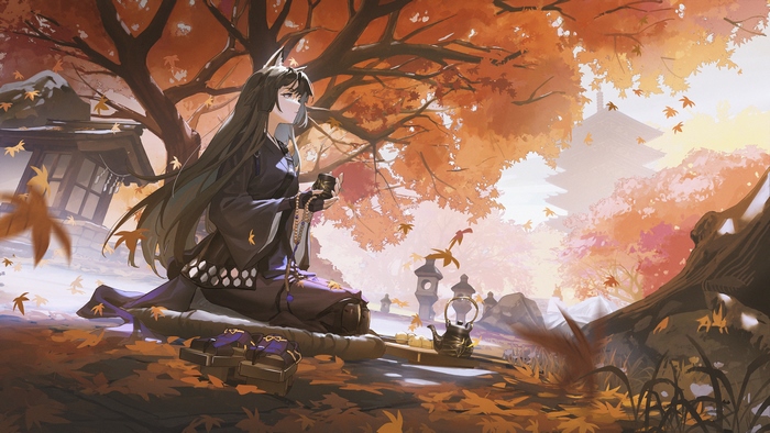 Saga (Arknights) enjoying autumn tea ceremony