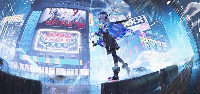 Mizuki (Arknights) with umbrella in a rainy cyber city