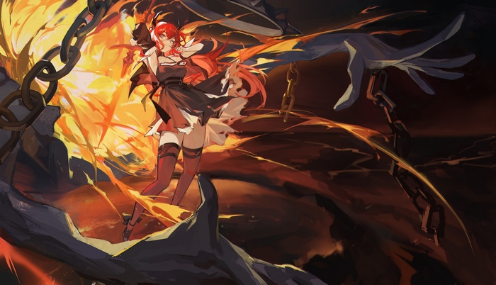 Surtr (Arknights) breaking chains with Phoenix fire