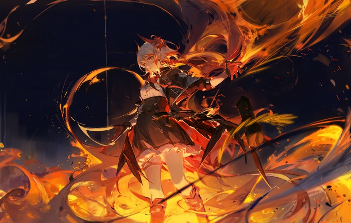 Surtr (Arknights) engulfed in phoenix flames