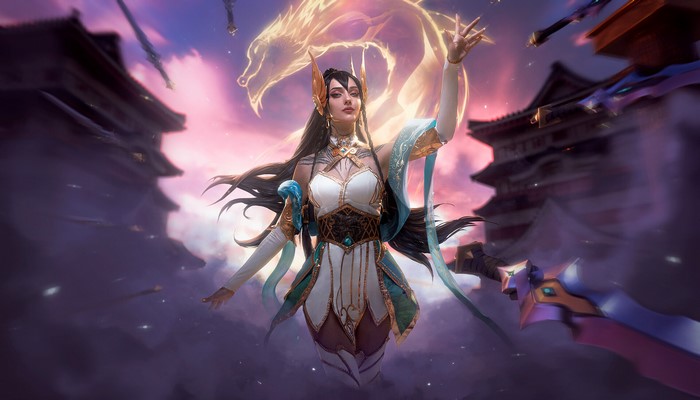 Irelia summoning spirit dragon and blades in a mystical sky