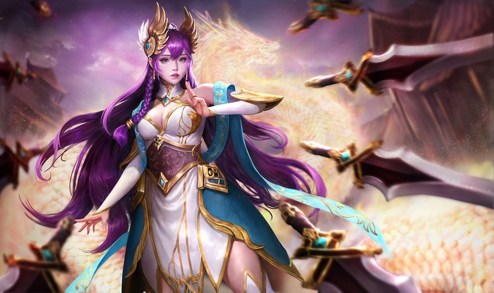 League of Legends Irelia summoning mystical blades and dragon