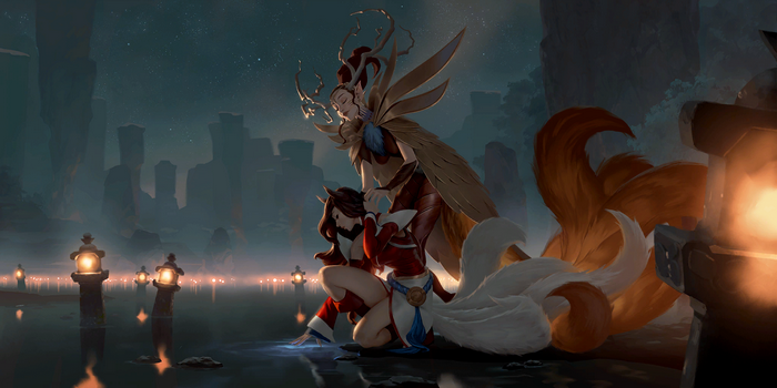 Ahri and winged spirit by the mystical lake