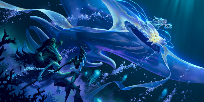 Legends of Runeterra Nami riding a glowing manta
