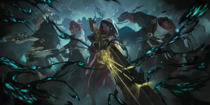 Senna (League of Legends) and champions battling Black Mist