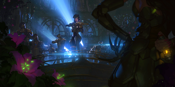 Caitlyn and Enforcers in a Glowing Runeterra Standoff