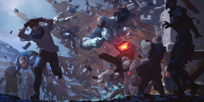 Sion's destructive rampage through a stone wall