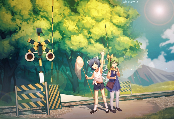 Cirno and Daiyousei at a sunny railroad crossing