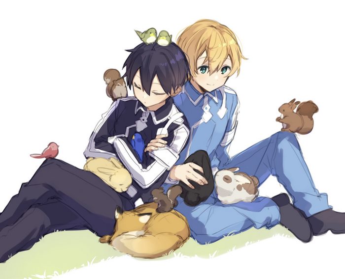 Kirito and Eugeo resting with cute forest animals