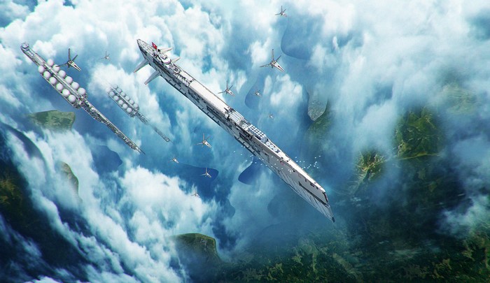 Sci-fi fleet flying over Coral Peninsula