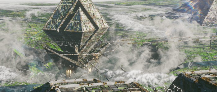 ΞReturns: Floating City in a Green Landscape