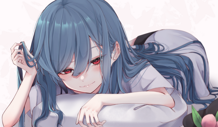 Tenshi Hinanawi relaxing with a playful smirk