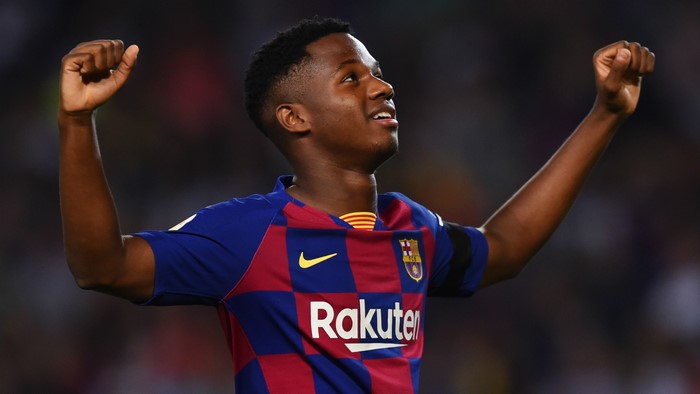 Ansu Fati celebrating in FC Barcelona jersey