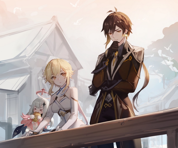Thoughtful Zhongli with Lumine and Paimon from Genshin Impact