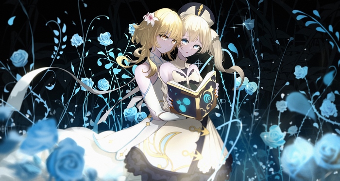 Lumine and Barbara amidst glowing blue roses