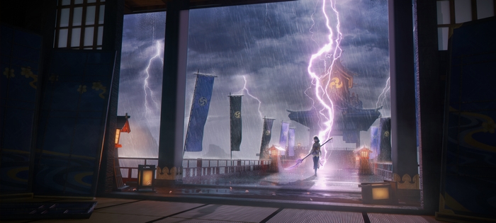Raiden Shogun amidst a powerful lightning storm
