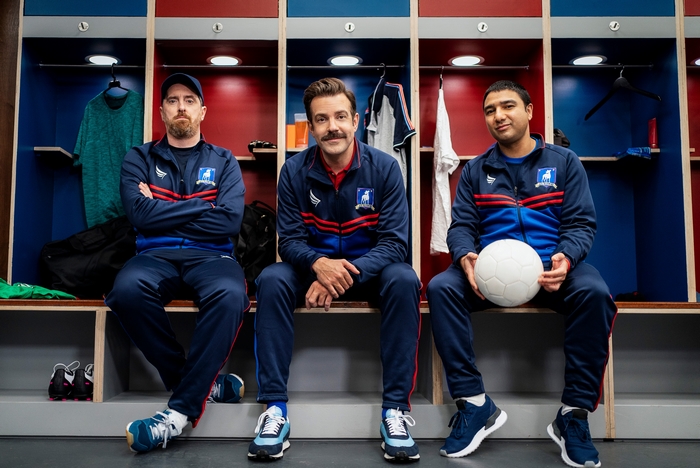 Ted Lasso, Coach Beard, and Nate in locker room