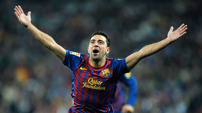 Xavi celebrating in FC Barcelona jersey