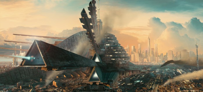 Futuristic Spaceport City with Launch Bay at Sunset