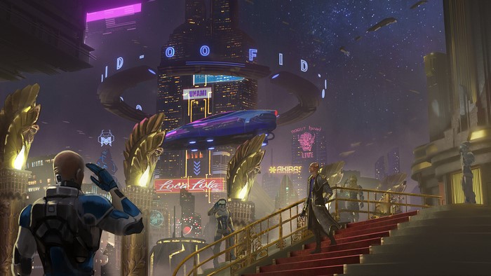 Neon-Lit Sci-Fi City Night with Flying Vehicles and Characters