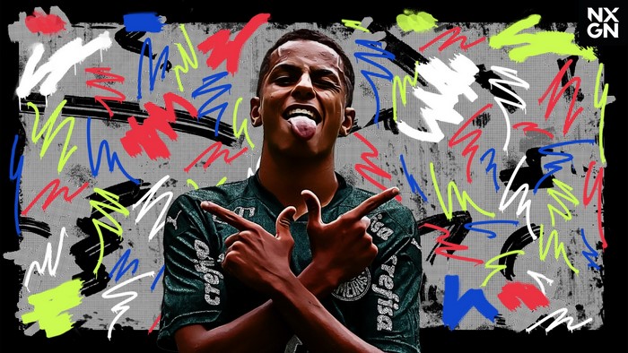 Giovani Henrique in Palmeiras jersey with colorful abstract background