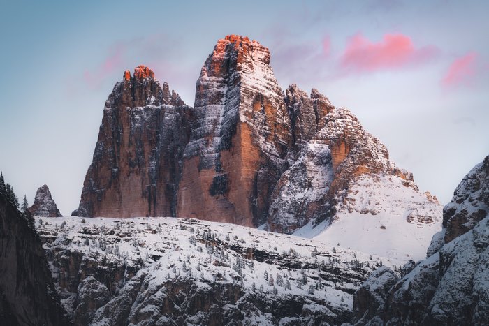 Tre Cime Di Lavaredo: Snowy peaks bathed in golden light