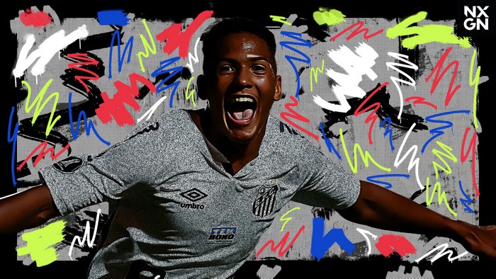Ângelo Gabriel celebrates for Santos FC with vibrant background