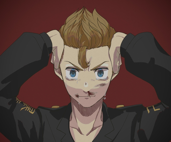 Distressed Takemichi Hanagaki with blood and tears