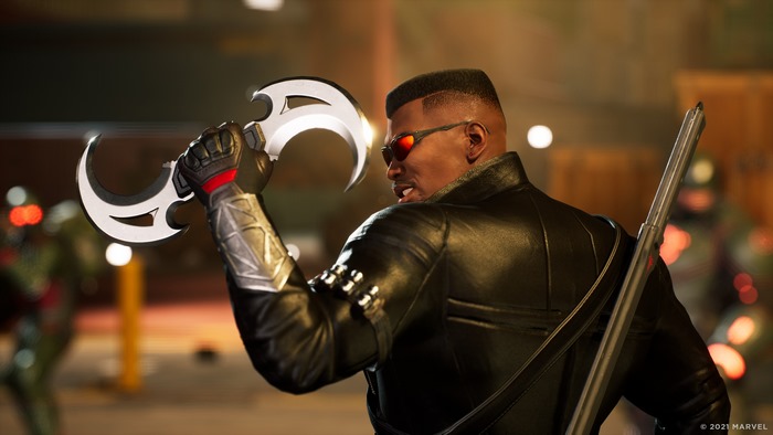 Blade from Marvel's Midnight Suns wielding crescent blades