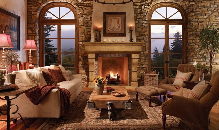 Cozy Living Room with Stone Fireplace and Sofa