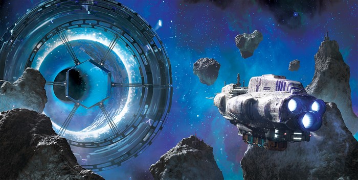 Sci Fi Spaceship Approaching Glowing Space Portal