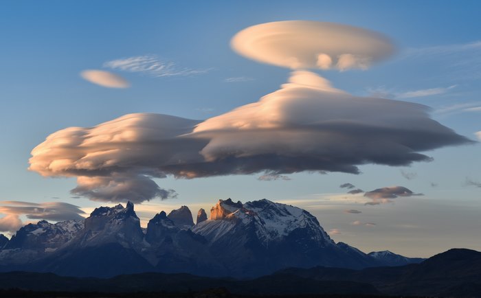 Golden Lenticular Clouds over Torres del Paine National Park