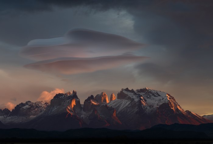 Lenticular Clouds over Torres del Paine Mountains