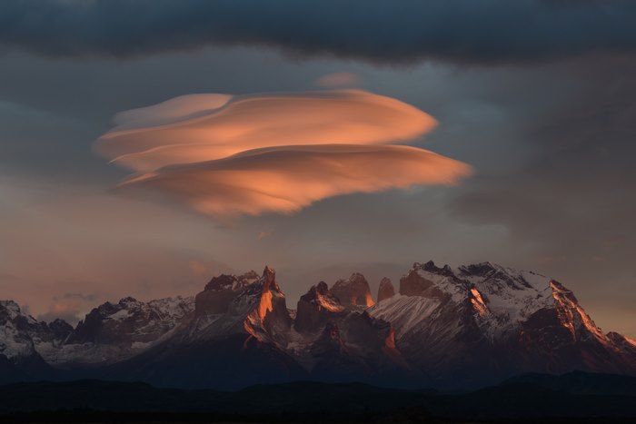Lenticular Clouds at Sunrise over Torres del Paine, Chile